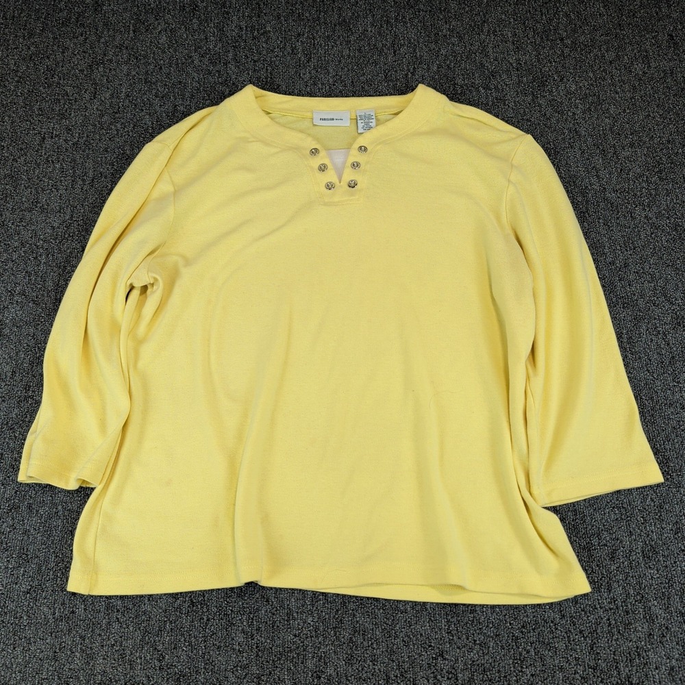 Parisian Works Women Top L Yellow Cotton Blend Y2K Grommet Split Neck 3/4 Sleeve
